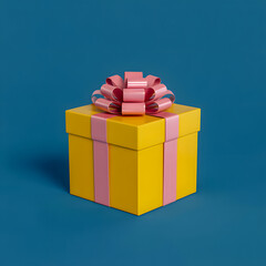 A yellow box with pink ribbon on top of it
