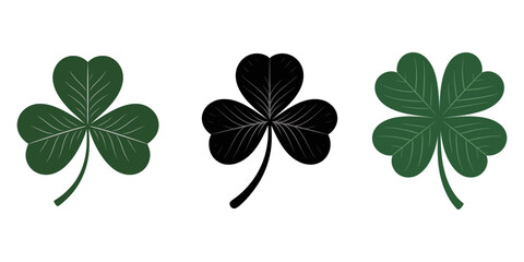 Four-leaf clover silhouette symbol icon shape, vector illustration of green four leaf cloverleaf, isolated on white, Shamrock Icon Set Vector Design on White Background, clover leaves silhouette