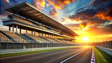 A race track grandstand at sunset with dramatic clouds and golden light