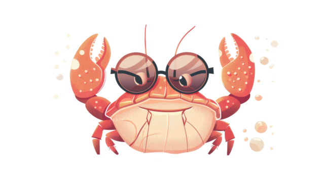 Cool crab with sunglasses striking a fun pose in a playful cartoon style