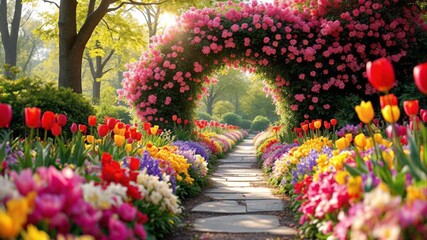 Enchanting garden path through a blooming floral archway with colorful flowers - Powered by Adobe