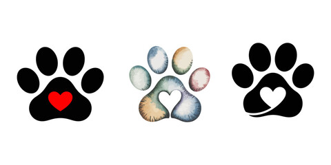 Paw icon set. Cat or dog paw icon silhouette vector illustration. Paw icon outline. print vector illustration, Heart and pet paw icon, Paw print with heart black silhouette vector, Paper Heart Paw