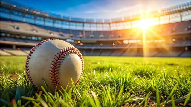 A baseball rests on the grass in a stadium during a golden sunset - Powered by Adobe