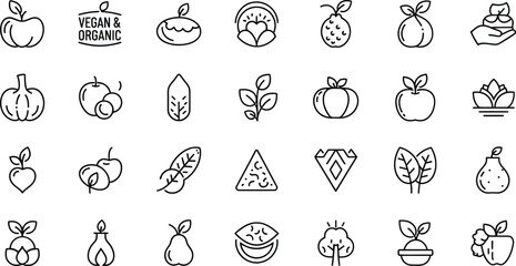 A collection of outlined vegan and organic food icons arranged in a grid on a white background surface