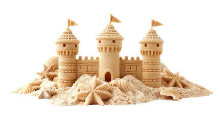 Sandcastle built with intricate towers and surrounding seashells demonstrates creativity at the beach during sunny summer day