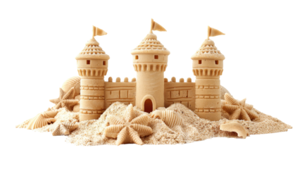Sandcastle built with intricate towers and surrounding seashells demonstrates creativity at the beach during sunny summer day