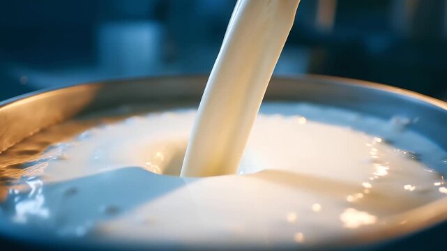 _Fresh milk pouring into a metal container with creamy texture