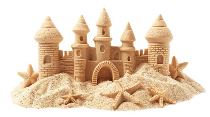 Sandcastle built with intricate towers and surrounding seashells demonstrates creativity at the beach during sunny summer day