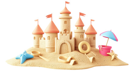 Sandcastle built with intricate towers and surrounding seashells demonstrates creativity at the beach during sunny summer day