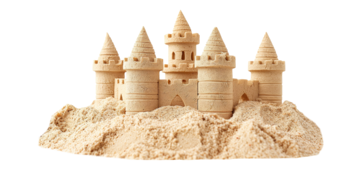 Sandcastle built with intricate towers and surrounding seashells demonstrates creativity at the beach during sunny summer day