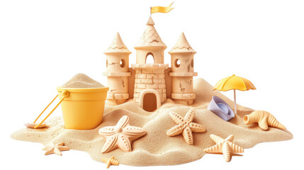 Sandcastle built with intricate towers and surrounding seashells demonstrates creativity at the beach during sunny summer day