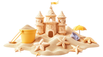 Sandcastle built with intricate towers and surrounding seashells demonstrates creativity at the beach during sunny summer day