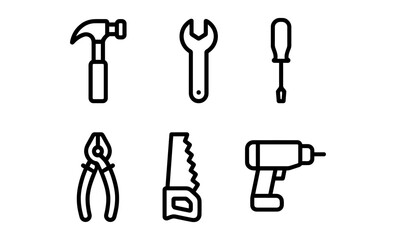 Minimalist tool icons with hammer, wrench, screwdriver, pliers, saw, and drill