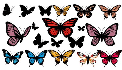 Fototapeta premium Collection of black silhouette butterfly and firefly vector icons, ideal for print, tattoo, and web design, butterflies, wings