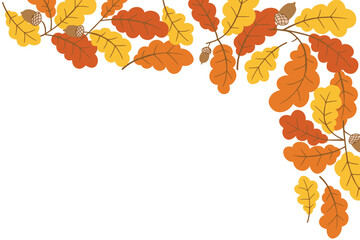 Autumn oak leaf corner border with acorns in warm orange and yellow colors on white background. Illustrates a seasonal fall theme perfect for invitations, greetings, or seasonal promotions