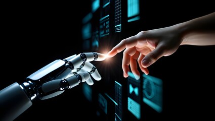 Artificial intelligence ai robot hand touching human finger technology connection concept