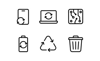 Recycling and technology icons: linear symbols of sustainability and electronics