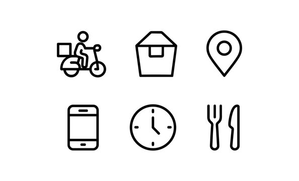 Essential icons for food delivery services: rider, package, location, smartphone, clock, utensils