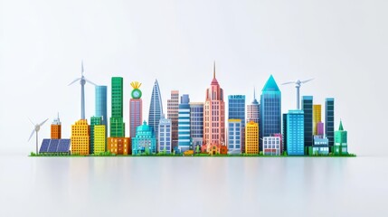 Obraz premium Colorful city skyline with modern skyscrapers and wind turbines, representing urban development and sustainability.