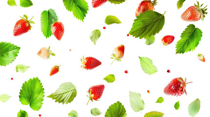 Fresh strawberries and green leaves scattered on a white background create a vibrant composition for a summer theme