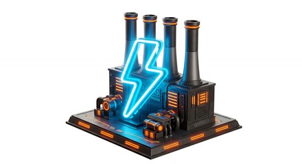 Fototapeta premium Factory with neon lightning bolt symbol