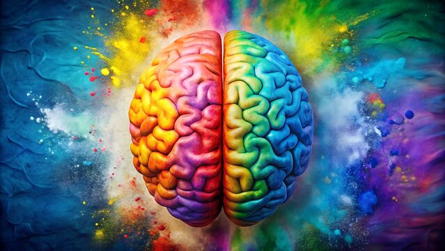 A colorful brain with paint splatters symbolizing creativity and thought