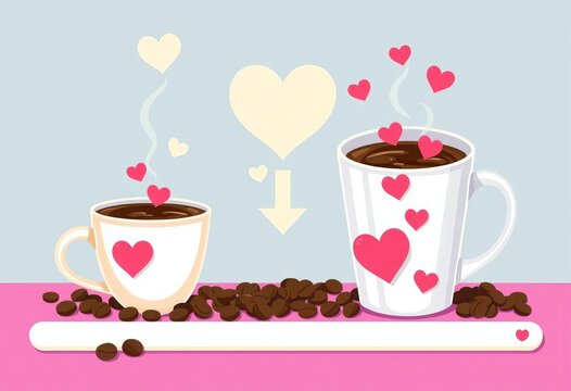 Coffee cups with hearts, caffeine download progress bar, flat style illustration,  lovely,  pick-me-up