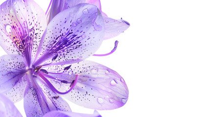 Close-up view of a purple lily flower with water droplets captured indoors