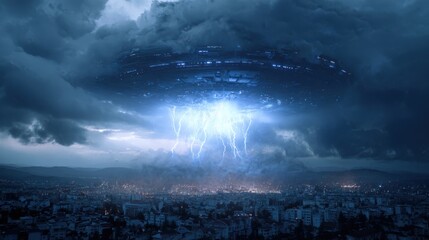 Futuristic flying saucer hovering above a city skyline, surrounded by dark storm clouds and bright lightning, creating an otherworldly atmosphere of suspense and intrigue