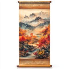 Traditional Asian scroll painting depicting a misty mountainous landscape with vibrant autumn trees and a flowing river.