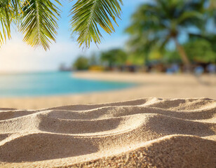Tropical beach with palm leaves framing the turquoise sea, focus on sand ripples in the foreground.