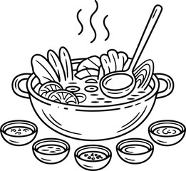 Steaming pot of delicious soup with slices of lemon and small bowls