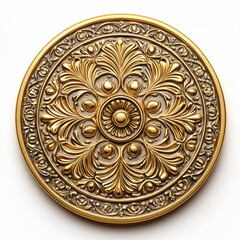 Obraz premium Ornate round decorative medallion with intricate gold and bronze floral patterns and detailed symmetrical design.