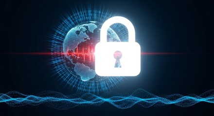 A digital globe is secured by a padlock, representing cybersecurity