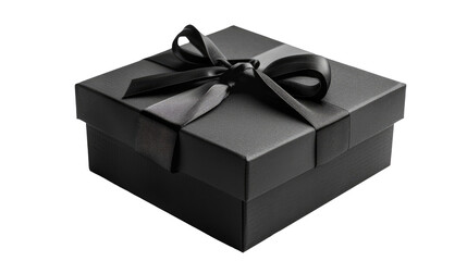 A neatly wrapped black gift box adorned with a satin ribbon evokes mystery and elegance. Ideal for birthdays, holidays, or special events, it stands on transparent