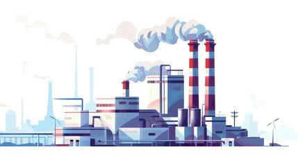 Industrial facility with smokestacks and pollution under a clear sky near a city setting in the early morning