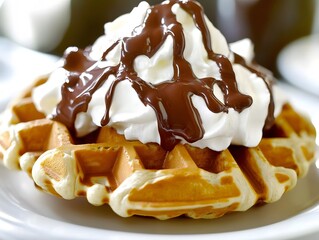 Delicious Waffles Topped with Whipped Cream and Chocolate Sauce