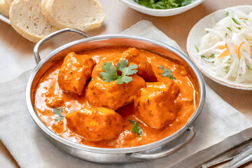 A close-up of a delicious, spicy chicken tikka masala garnished with fresh herbs
