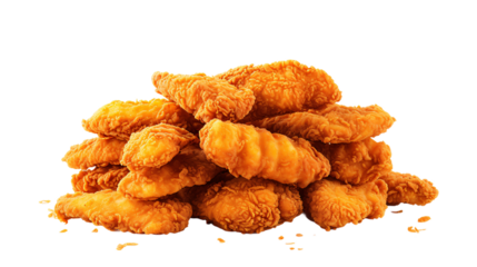 Pile of crispy golden fried chicken tenders, delicious and appetizing isolated on transparent background