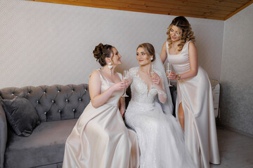 Bridal celebration with bridesmaids in elegant gowns at a cozy indoor setting