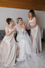 Bridal party celebrates with glasses raised in elegant attire during pre-wedding gathering
