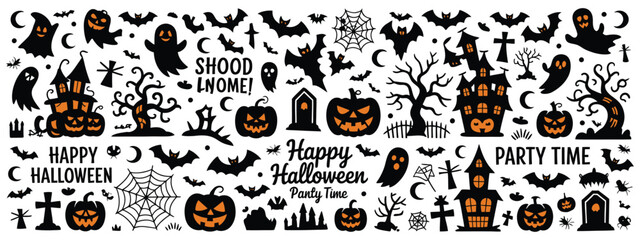 Obraz premium Halloween Ghosts and Pumpkins Vector Set Featuring Boo Characters, Spooky Silhouettes, Eerie Faces, and Creepy Shadows – Perfect for October Holiday Designs and Horror-Themed Projects 