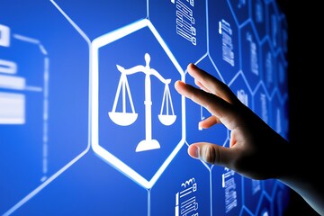 A hand touches a glowing blue digital screen displaying the scales of justice symbol and abstract geometric patterns representing law and technology
