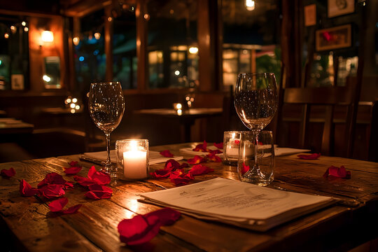 Romantic dinner setting with wine glasses and rose petals on wooden table at restaurant