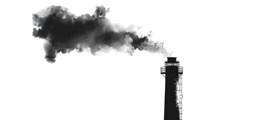 Industrial smokestack releases dark smoke against a white background in a stark contrast illustrating pollution