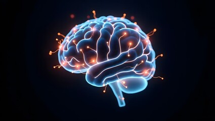 Abstract glowing human brain; neural network concept; futuristic medical illustration; vibrant blue and orange tones; digital art.