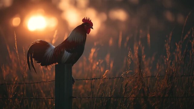 A rooster crowing on a fence post at dawn with sun flares