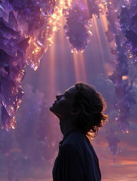 woman in cream of purple crystal cave