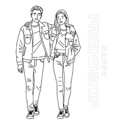 Line Art of a Happy Couple Celebrating Friendship Togetherness Joy Casual Outfits Walking silhouette