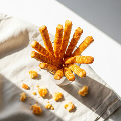 Overhead clean shot of crispy cheese breadsticks in tall glass, scattered crumbs on linen cloth. Soft warm daylight copy